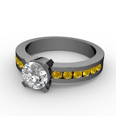 Verena Tektaş Yüzük - Beyaz zirkon ve sitrin 925 ayar siyah rodyum kaplama gümüş yüzük #18o5czb