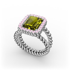 Peridot ve pembe kuvars 14 ayar beyaz altın yüzük