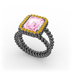 Ellora Yüzük - Pembe kuvars ve sitrin 925 ayar siyah rodyum kaplama gümüş yüzük #12z89pk