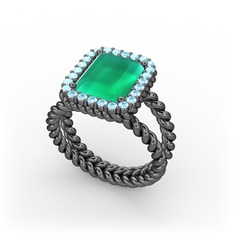 Ellora Yüzük - Kök zümrüt ve akuamarin 925 ayar siyah rodyum kaplama gümüş yüzük #15076yl