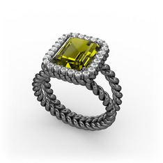 Ellora Yüzük - Peridot ve pırlanta 925 ayar siyah rodyum kaplama gümüş yüzük (0.39 karat) #1dlo48z