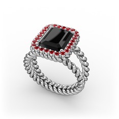 Siyah zirkon ve garnet 14 ayar beyaz altın yüzük