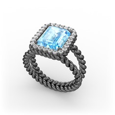 Ellora Yüzük - Akuamarin ve swarovski 925 ayar siyah rodyum kaplama gümüş yüzük #1ljk193