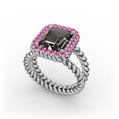 Dumanlı kuvars ve rodolit garnet 8 ayar beyaz altın yüzük