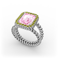 Pembe kuvars ve peridot 14 ayar beyaz altın yüzük
