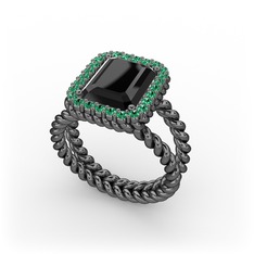 Ellora Yüzük - Siyah zirkon ve yeşil kuvars 925 ayar siyah rodyum kaplama gümüş yüzük #iirx6q