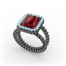 Ellora Yüzük - Garnet ve akuamarin 925 ayar siyah rodyum kaplama gümüş yüzük #ktjqhn