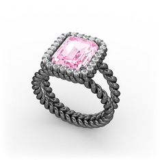 Ellora Yüzük - Pembe kuvars ve pırlanta 925 ayar siyah rodyum kaplama gümüş yüzük (0.39 karat) #w9t3ru