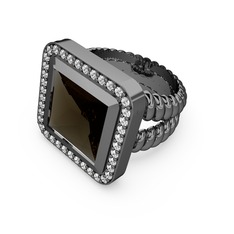 Armonia Yüzük - Dumanlı kuvars ve beyaz zirkon 925 ayar siyah rodyum kaplama gümüş yüzük #13838ch