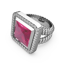 Pembe kuvars ve pırlanta 14 ayar beyaz altın yüzük (0.6 karat)