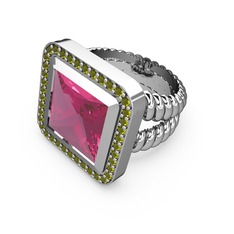 Pembe kuvars ve peridot 14 ayar beyaz altın yüzük