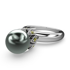 Kartopu İnci Yüzük - Siyah inci ve peridot 18 ayar beyaz altın yüzük #13o17cn