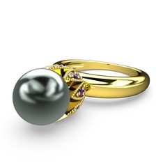Kartopu İnci Yüzük - Siyah inci ve ametist 8 ayar altın yüzük #bxjmnm