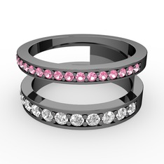 Pembe kuvars ve beyaz zirkon 925 ayar siyah rodyum kaplama gümüş yüzük