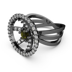 Swarovski ve peridot 925 ayar siyah rodyum kaplama gümüş yüzük