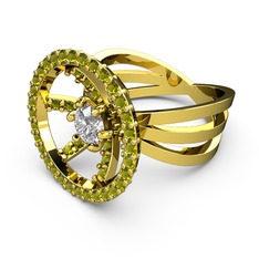 Peridot ve beyaz zirkon 18 ayar altın yüzük