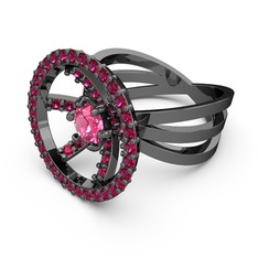 Rodolit garnet ve pembe kuvars 925 ayar siyah rodyum kaplama gümüş yüzük