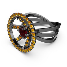 Mayra Çember Yüzük - Sitrin ve garnet 925 ayar siyah rodyum kaplama gümüş yüzük #1q3856l