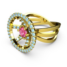 Akuamarin ve pembe kuvars 14 ayar altın yüzük