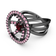 Pembe kuvars ve rodolit garnet 925 ayar siyah rodyum kaplama gümüş yüzük