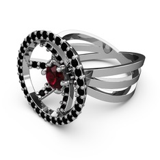 Siyah zirkon ve rodolit garnet 8 ayar beyaz altın yüzük