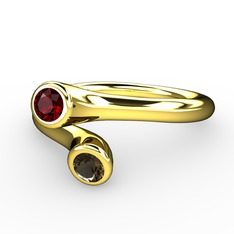 Garnet ve dumanlı kuvars 14 ayar altın yüzük