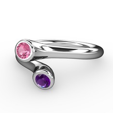 Pembe kuvars ve ametist 8 ayar beyaz altın yüzük