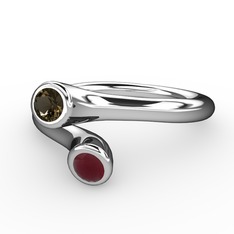 Poyraz Yüzük - Dumanlı kuvars ve kök yakut 14 ayar beyaz altın yüzük #crq5kr