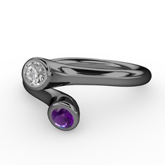 Poyraz Yüzük - Pırlanta ve ametist 925 ayar siyah rodyum kaplama gümüş yüzük (0.04 karat) #mz21b0