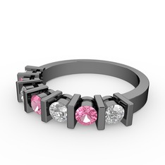 Pembe kuvars ve swarovski 925 ayar siyah rodyum kaplama gümüş yüzük