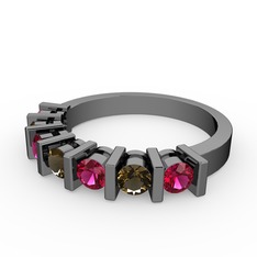 Alya Yüzük - Dumanlı kuvars ve rodolit garnet 925 ayar siyah rodyum kaplama gümüş yüzük #1bsykls