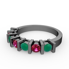 Rodolit garnet ve kök zümrüt 925 ayar siyah rodyum kaplama gümüş yüzük