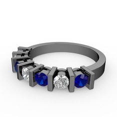 Alya Yüzük - Beyaz zirkon ve lab safir 925 ayar siyah rodyum kaplama gümüş yüzük #27n02x