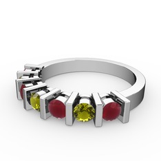 Peridot ve kök yakut 8 ayar beyaz altın yüzük