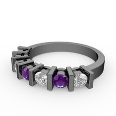 Ametist ve swarovski 925 ayar siyah rodyum kaplama gümüş yüzük