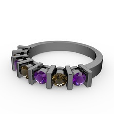 Dumanlı kuvars ve ametist 925 ayar siyah rodyum kaplama gümüş yüzük