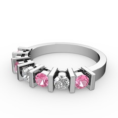 Alya Yüzük - Beyaz zirkon ve pembe kuvars 14 ayar beyaz altın yüzük #urphdo