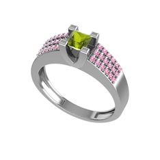 Peridot ve pembe kuvars 8 ayar beyaz altın yüzük