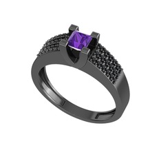 Reyha Tektaş Yüzük - Ametist ve siyah zirkon 925 ayar siyah rodyum kaplama gümüş yüzük #1baiekw