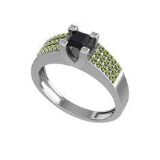 Siyah zirkon ve peridot 14 ayar beyaz altın yüzük