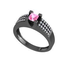 Pembe kuvars ve beyaz zirkon 925 ayar siyah rodyum kaplama gümüş yüzük