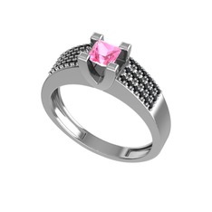 Pembe kuvars ve siyah zirkon 8 ayar beyaz altın yüzük