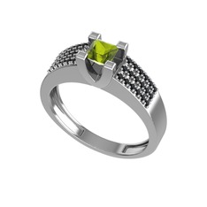 Peridot ve siyah zirkon 18 ayar beyaz altın yüzük