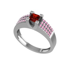 Garnet ve pembe kuvars 18 ayar beyaz altın yüzük