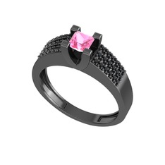 Reyha Tektaş Yüzük - Pembe kuvars ve siyah zirkon 925 ayar siyah rodyum kaplama gümüş yüzük #gvo49z
