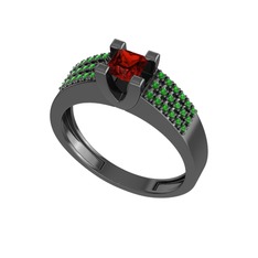 Garnet ve yeşil kuvars 925 ayar siyah rodyum kaplama gümüş yüzük