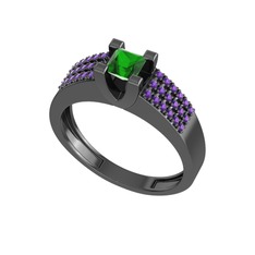 Yeşil kuvars ve ametist 925 ayar siyah rodyum kaplama gümüş yüzük