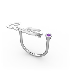 Taşlı İsim Yüzük - Ametist 8 ayar beyaz altın yüzük (6 karakterli el yazısı) #1bt9olp