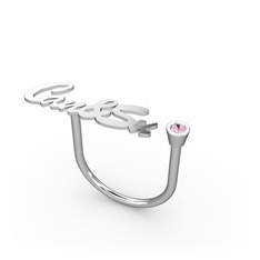 Taşlı İsim Yüzük - Pembe kuvars 8 ayar beyaz altın yüzük (6 karakterli el yazısı) #i7wbgz