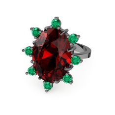 Padma Yüzük - Garnet ve yeşil kuvars 925 ayar siyah rodyum kaplama gümüş yüzük #10o98th